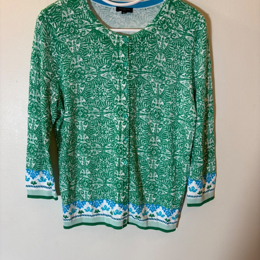 Talbots Petite Medium Green Abstract Floral Border Button Front Cardigan Sweater